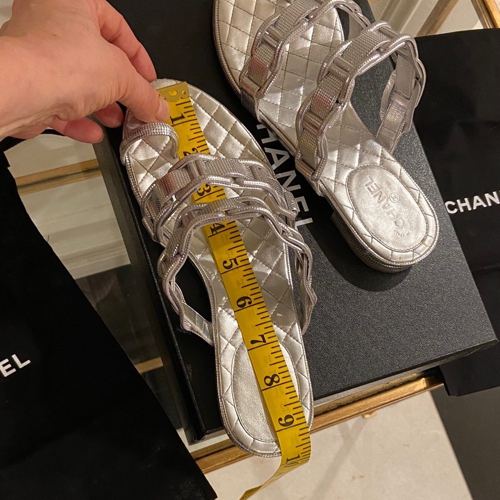 CHANEL Silver Calfskin Quilted Slip In Sandals 7.5 - Picture 15 of 16